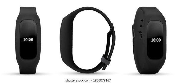 Fitness bracelet Collection of smart band. Realistic set of bright concepts on the use of fitness bracelets. Bracelet with run activity tracking.