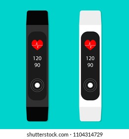 Fitness bracelet with counter, pulse and calories. Smart bracelet for sport, wrist fitness tracker device. Vector illustration