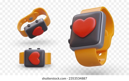 Pulsera de fitness en diferentes posiciones. Un reloj inteligente realista con el corazón en la pantalla. Dispositivo personal para medir la frecuencia cardíaca. Iconos de color en estilo de dibujos animados