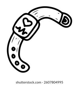 Fitness bracelet. Hand drawn doodle. Activity tracker. Smart watch. Health monitoring. Electronic device. Heartbeat. Step counting. Sports. Vector line art illustration.