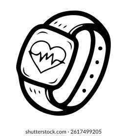 Fitness bracelet. Hand drawn doodle. Activity tracker. Smart watch. Health monitoring. Electronic device. Heartbeat. Step counting. Sports. Vector line art illustration.