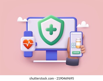 Fitness bracelet icon with cardiogram on display, ordering medicines online concept. Digital health care.  3D Web Vector Illustrations.