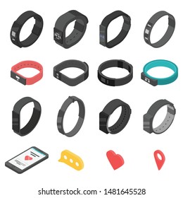 Fitness bracelet icons set. Isometric set of fitness bracelet vector icons for web design isolated on white background