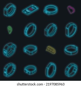 Fitness Bracelet Icons Set. Isometric Set Of Fitness Bracelet Vector Icons Neon Color On Black