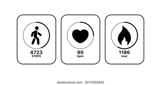 Fitness Bracelet Set Icons. Steps, heartbeat and kilocalories icons. Linear and Silhouette Styles. Vector icons.