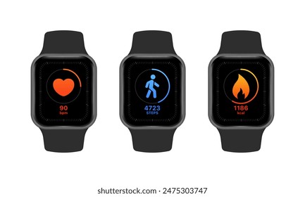 Fitness Bracelet Set Icons. Steps, heartbeat and kilocalories icons. Linear and Silhouette Styles. Vector icons.