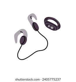 Fitness bracelet. Smartwatch for tracking activities. Digital watches, electronic wristwatch for training. Jogging headphone, headset. Sports equipment. Flat isolated vector illustration on white