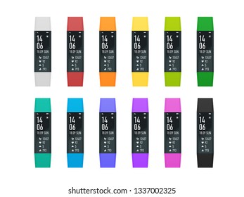 Fitness bracelet or tracker with a smartphone isolated on white. Sports accessories, a wristband with running activity steps counter and heartbeat pulse meter
