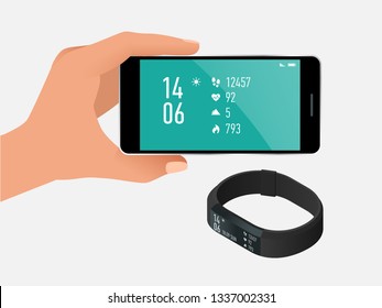 Fitness bracelet or tracker with a smartphone isolated on white. Sports accessories, a wristband with running activity steps counter and heartbeat pulse meter.
