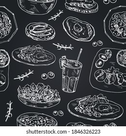 Fitness breakfast Vector seamless   pattern with food and drink hand drawn doodles.