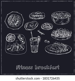 Fitness breakfast Vector set with food and drink hand drawn doodles.