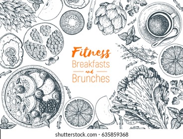 Fitness breakfasts and brunches top view frame. Healthy food menu design. Vintage hand drawn sketch vector illustration. Engraved style image. Fruits and vegetables for vegetarian breakfast.