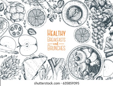 Fitness breakfasts and brunches top view frame. Healthy food menu design. Vintage hand drawn sketch vector illustration. Engraved style image. Fruits and vegetables for vegetarian breakfast.