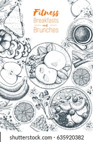 Fitness breakfasts and brunches top view frame. Healthy food menu design. Vintage hand drawn sketch vector illustration. Engraved style image. Fruits and vegetables for breakfast.