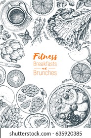 Fitness breakfasts and brunches top view frame. Healthy food menu design. Vintage hand drawn sketch vector illustration. Engraved style image. Fruits and vegetables for breakfast.