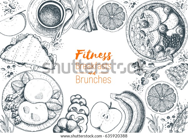 Fitness\
breakfasts and brunches top view frame. Healthy food menu design.\
Vintage hand drawn sketch vector illustration. Engraved style\
image. Fruits and vegetables for\
breakfast.