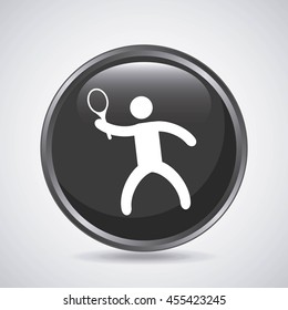 Fitness and button concept represented by tennins player icon over button shape. Isolated and flat illustration. 