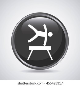 Fitness and button concept represented by man jumping icon over button shape. Isolated and flat illustration. 