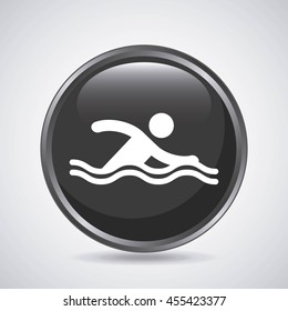 Fitness and button concept represented by man swimming icon over button shape. Isolated and flat illustration. 