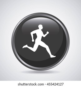 Fitness and button concept represented by man running icon over button shape. Isolated and flat illustration. 