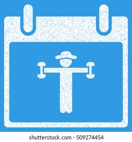 Fitness Calendar Day grainy textured icon for overlay watermark stamps. Flat symbol with dust texture. Dotted vector white ink rubber seal stamp with grunge design on a blue background.