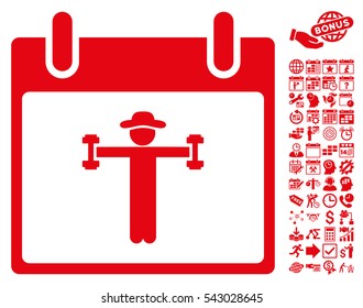 Fitness Calendar Day icon with bonus calendar and time management symbols. Vector illustration style is flat iconic symbols, red, white background.