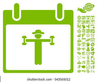 Fitness Calendar Day icon with bonus calendar and time management icon set. Vector illustration style is flat iconic symbols, eco green, white background.
