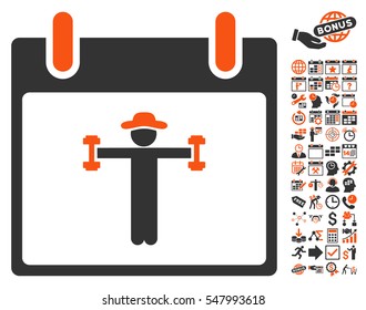 Fitness Calendar Day icon with bonus calendar and time management pictograph collection. Vector illustration style is flat iconic symbols, orange and gray, white background.