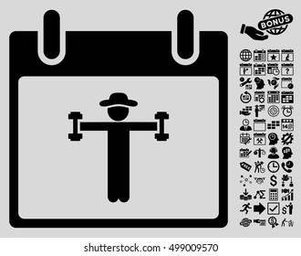 Fitness Calendar Day pictograph with bonus calendar and time management images. Vector illustration style is flat iconic symbols, black, light gray background.