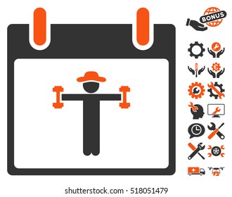 Fitness Calendar Day pictograph with bonus settings clip art. Vector illustration style is flat iconic symbols, orange and gray, white background.