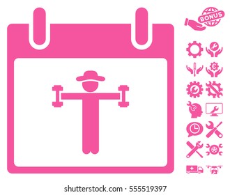 Fitness Calendar Day pictograph with bonus tools clip art. Vector illustration style is flat iconic symbols, pink, white background.