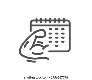 Fitness calendar line icon. Strong muscle arm sign. Gym fit training symbol. Quality design element. Linear style fitness calendar icon. Editable stroke. Vector