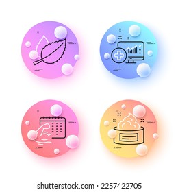 Fitness calendar, Skin cream and Medical analytics minimal line icons. 3d spheres or balls buttons. Mint leaves icons. For web, application, printing. Vector