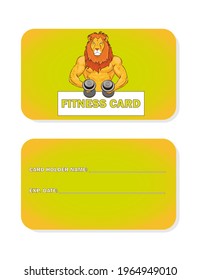 Fitness card or fitness club membership. Design, layout. Muscular strong lion holding dumbbells. Workout, Bodybuilding, Weightlifting. Vector illustration