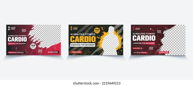 Fitness cardio exercise for beginner web cover banner, web video thumbnail design vector