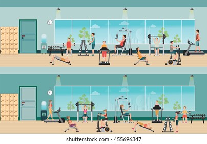 Fitness cardio exercise and equipment with people in fitness gym interior, healthy lifestyle,character Vector illustration.