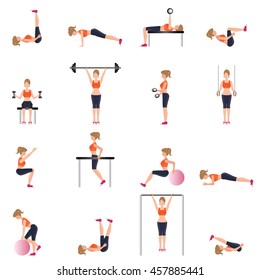 Fitness cardio exercise and equipment for woman sport isolated on white background, Workout, gymnasium sport fitness, athletics, healthy lifestyle,character Vector illustration.