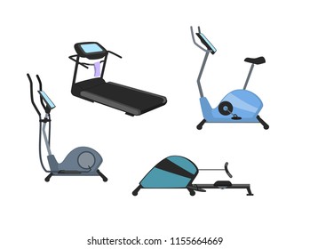 fitness cardio machines set, treadmill elliptical rowing bike trainers vector graphic set