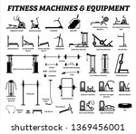 Fitness, cardio, and muscle building machines, equipments set at gym. Artworks depict a list of exercise workout tools, machines, and sports equipments in the gym room.