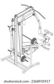 Fitness, cardio, and muscle building machines, equipments set at gym. Workout and training concept. Vector illustration.