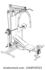 Fitness, cardio, and muscle building machines, equipments set at gym. Workout and training concept. Vector illustration.