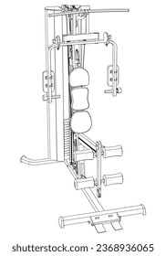 Fitness, cardio, and muscle building machines, equipments set at gym. Workout and training concept. Vector illustration.