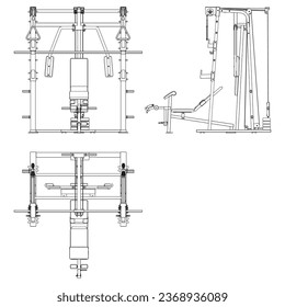 Fitness, cardio, and muscle building machines, equipments set at gym. Workout and training concept. Vector illustration.