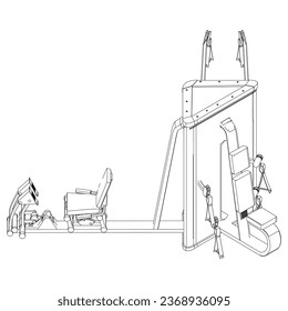 Fitness, cardio, and muscle building machines, equipments set at gym. Workout and training concept. Vector illustration.