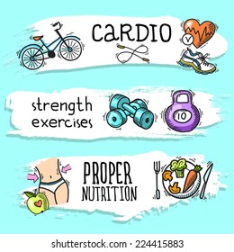 Fitness cardio strength exercises proper nutrition colored sketch horizontal banner set isolated vector illustration