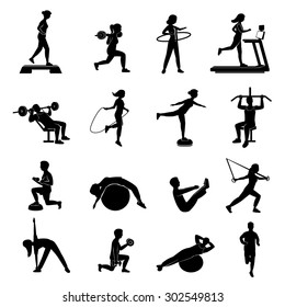 Fitness cardio workout and body shaping exercise with aerobic equipment black icons set abstract isolated vector illustration