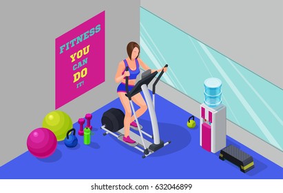 Fitness cardio workout isometric illustration with girl running elliptical machine, sport infographics template