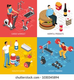 Fitness cardio workout strength training sport and healthy food choices concept 4 isometric icons isolated vector illustration 