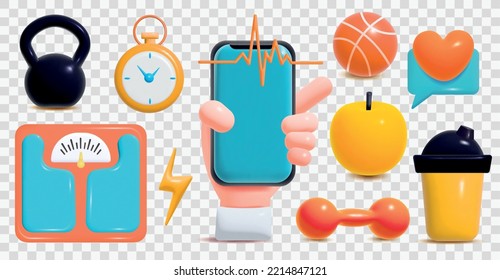 Fitness cartoon color set with scales apple basketball barbell stopwatch isolated on transparent background vector illustration