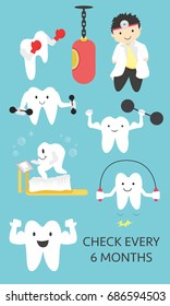 Fitness cartoon tooth set , dentistry concept.Vector illustration of smile white tooth lifts dumbbells ,on blue background.Thin line art flat design of sport strong sturdy character tooth.